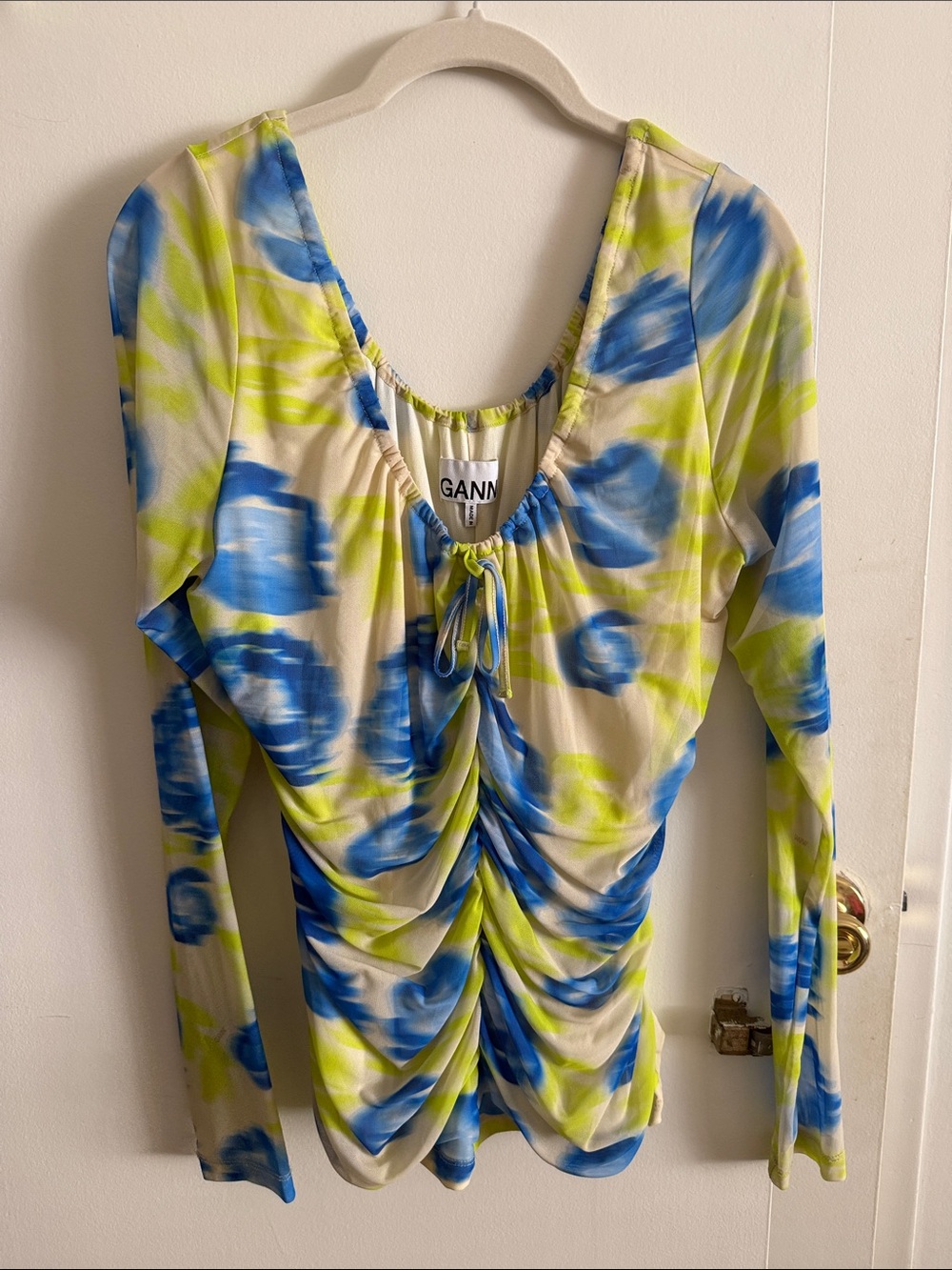 Ganni Blue & Lime Ruched Tie-Front Long-Sleeve Top